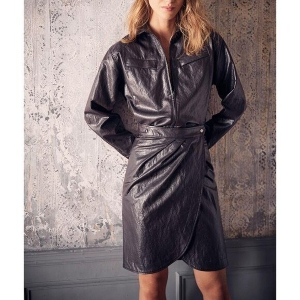 BA&SH Size L Sophia Dress In Brown Faux Leather